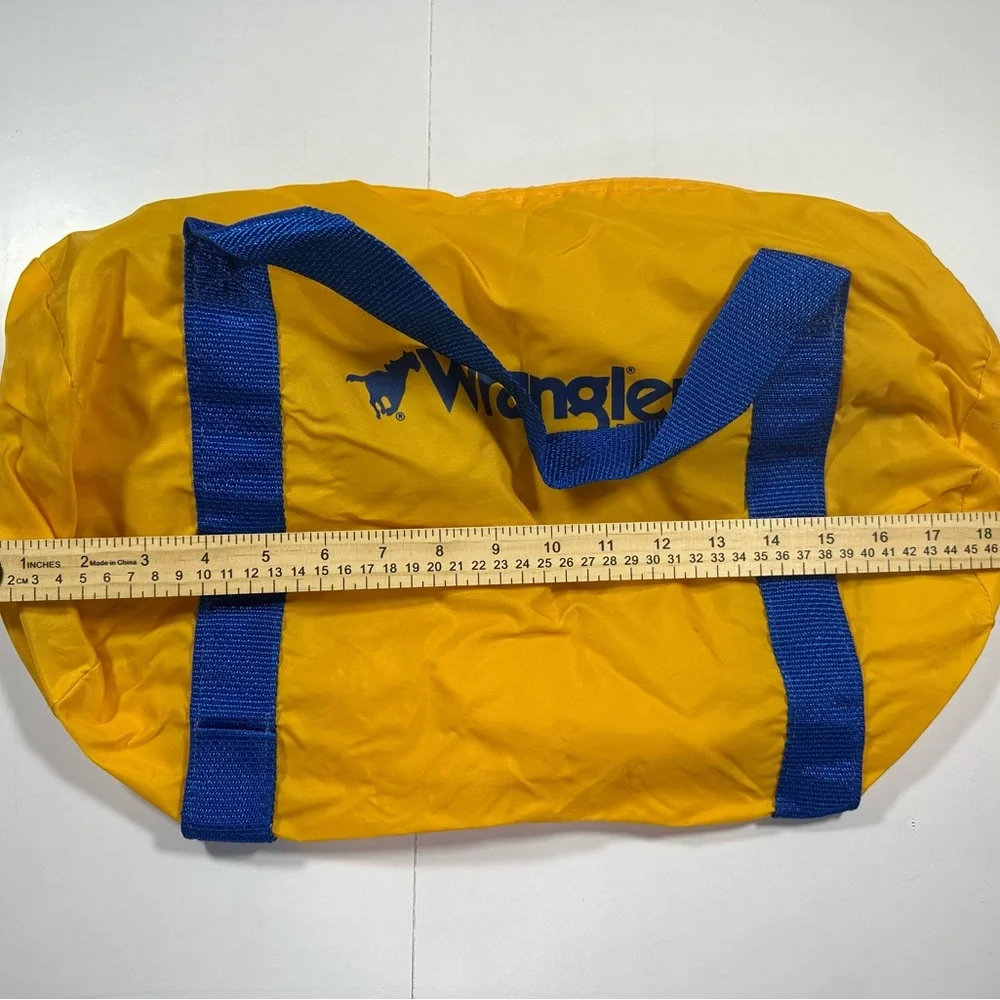 Vintage Wrangler‎ Duffle Bag Barrel Luggage Yellow Nylon Blue Jeans Cowboy Case